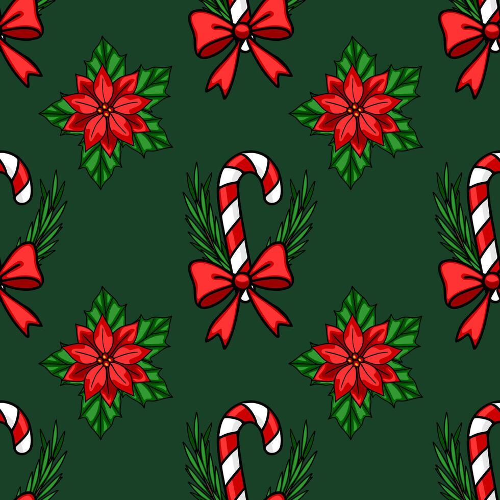 Seamless Christmas pattern featuring candy canes with red bows, poinsettia flowers, and sprigs of greenery on a dark green background, creating a festive and elegant design. vector