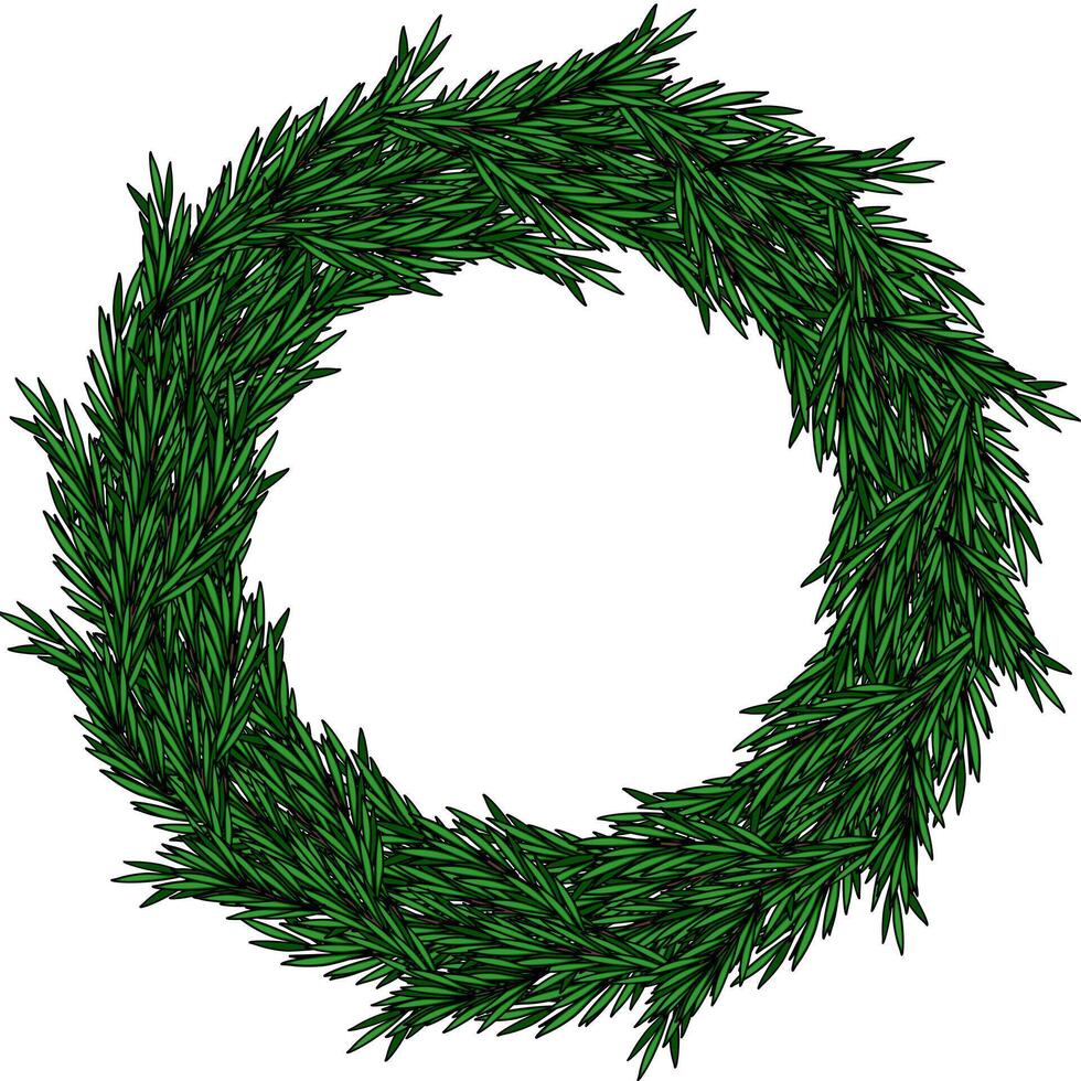 Elegant Christmas wreath design featuring a circular frame of detailed evergreen branches, perfect for festive invitations or holiday decorations. vector
