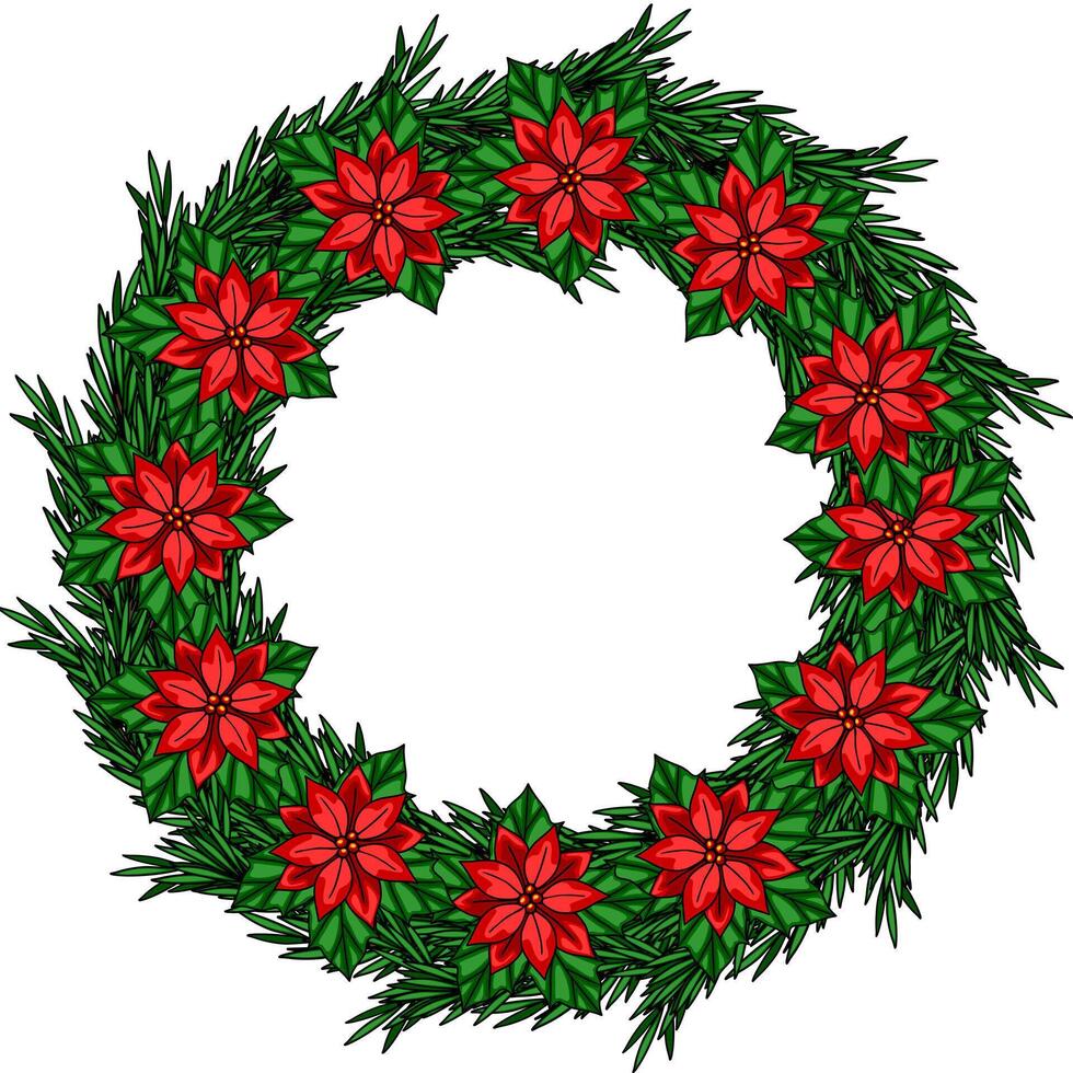 Festive Christmas wreath design featuring vibrant poinsettia flowers and lush evergreen branches, perfect for holiday cards and invitations. vector