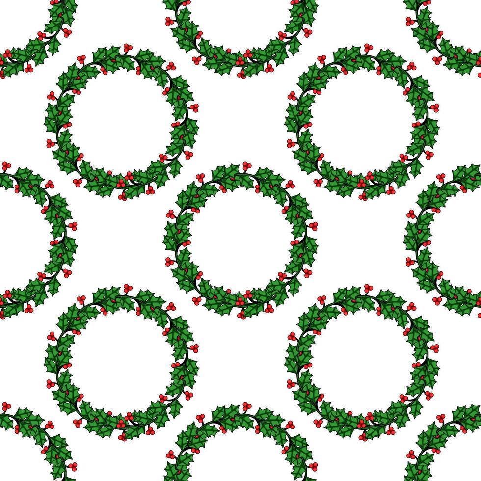 Seamless pattern of stylized holly wreaths with red berries, perfect for festive Christmas designs and winterthemed projects. vector