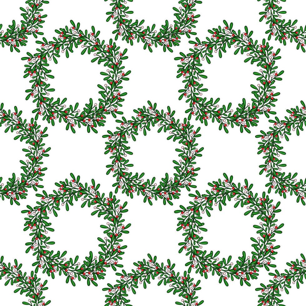 Seamless pattern of elegant Christmas mistletoe wreaths with red and pink berries, perfect for festive holiday designs and winter backgrounds. vector