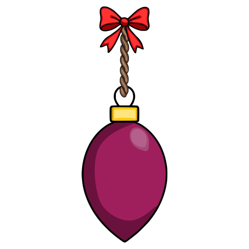 Festive illustration of a single maroon Christmas bauble hanging from a twisted rope with a red bow, perfect for holiday designs. vector