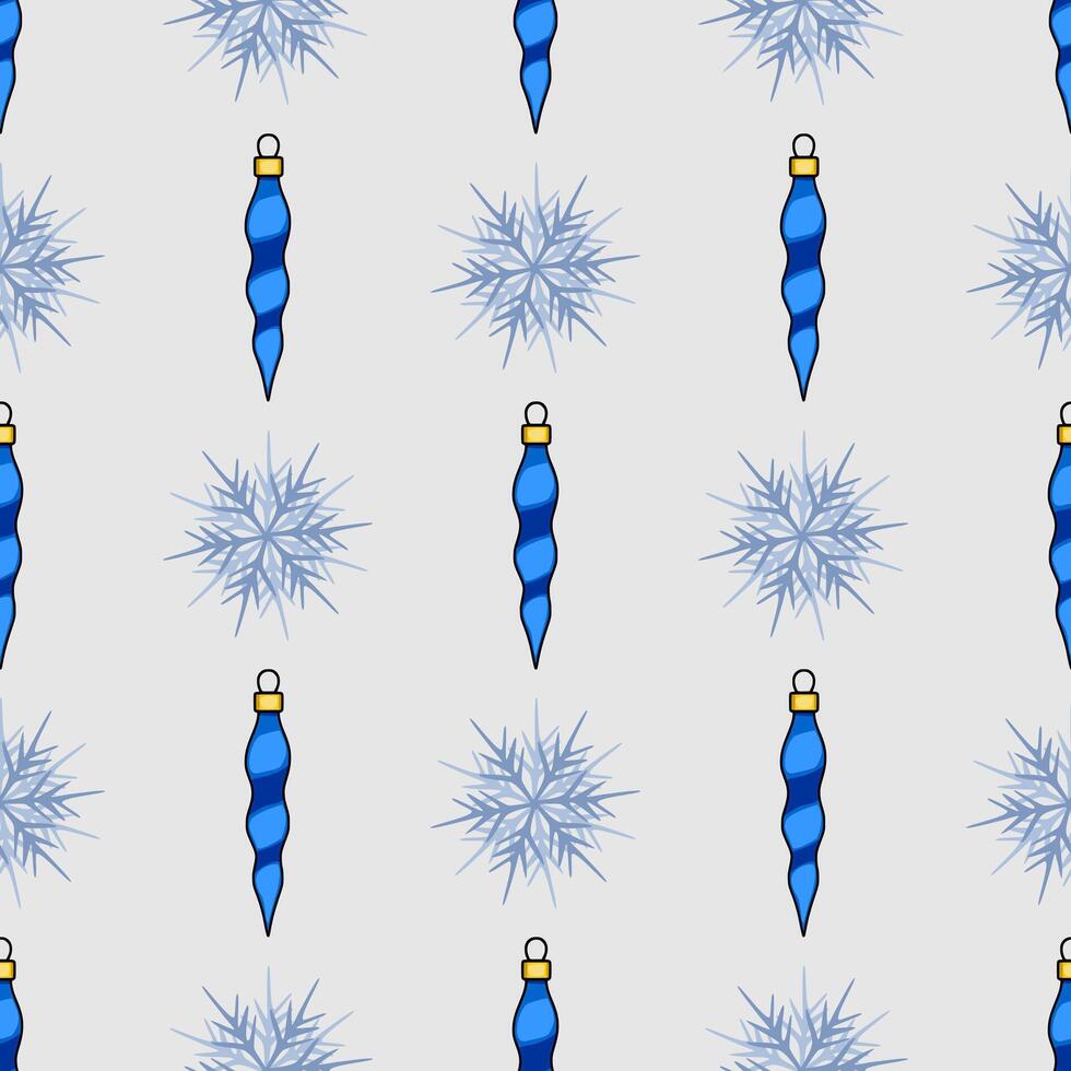 Seamless pattern featuring stylized blue Christmas ornaments and delicate snowflakes on a light gray background, perfect for festive designs. vector