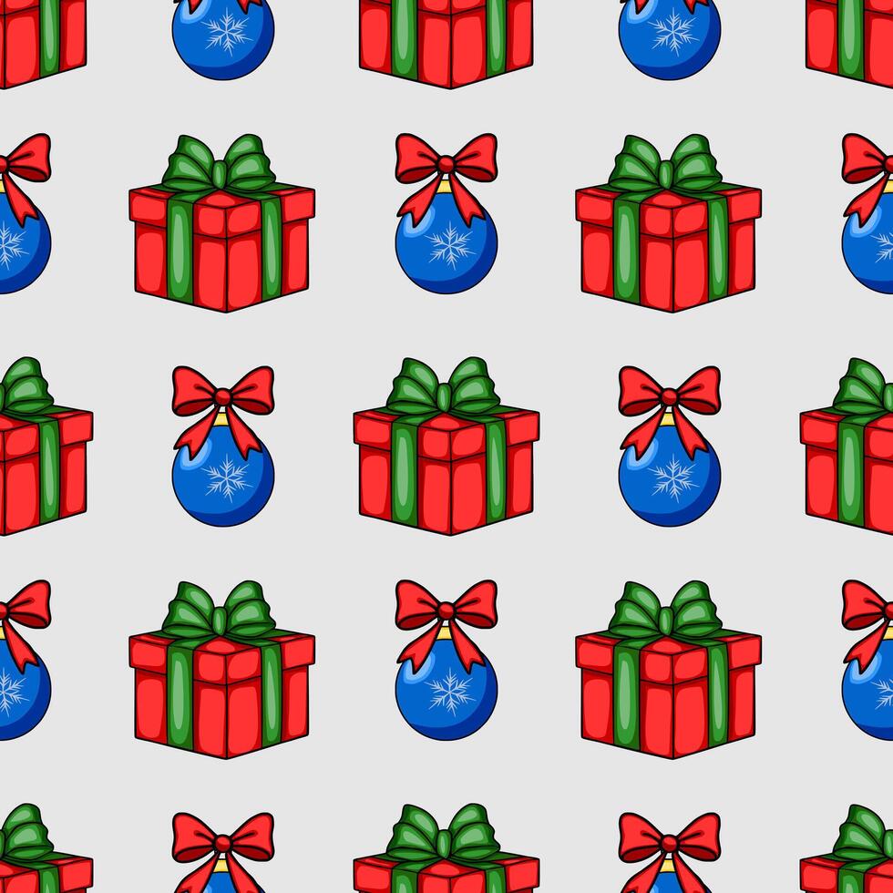 Seamless Christmas pattern with red gift boxes, green and red bows, and blue baubles with snowflakes, perfect for festive design projects. vector