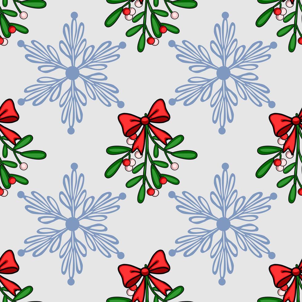 Seamless Christmas pattern featuring mistletoe sprigs tied with red bows and stylized snowflakes on a light gray background, perfect for festive designs. vector