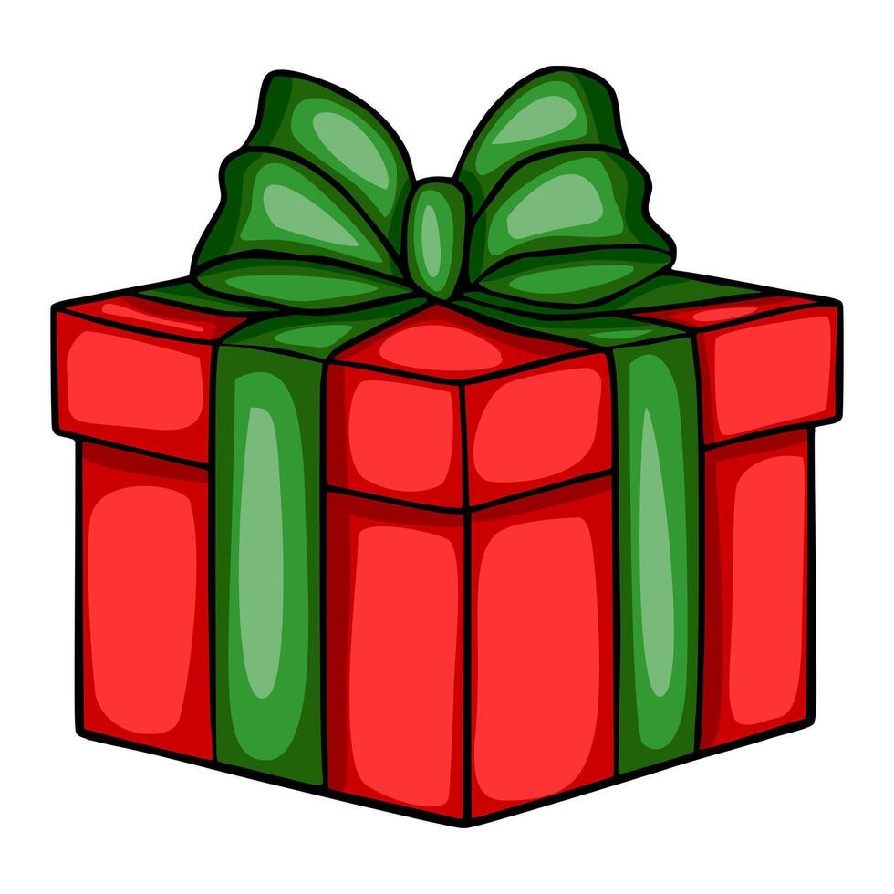 Festive red gift box illustration with a stylized green bow, perfect for holiday designs and celebrations. vector