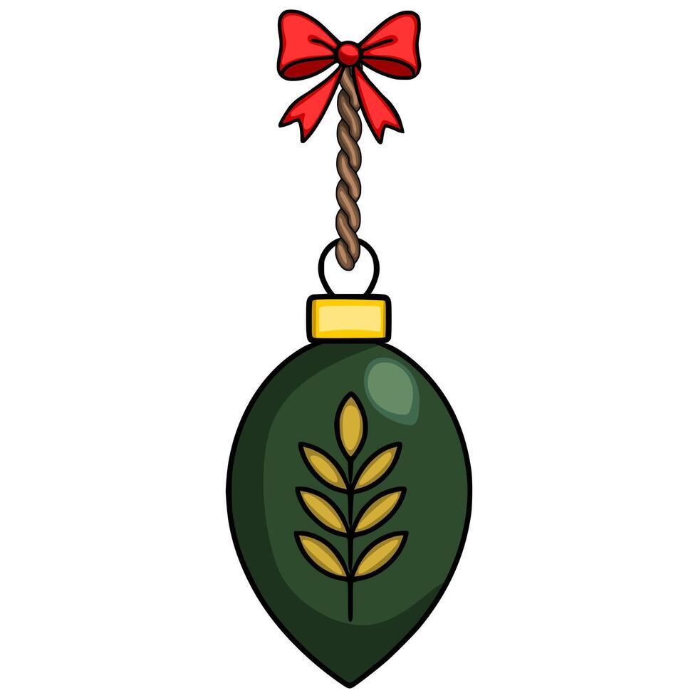 A illustration of a dark green Christmas tree ornament with a gold wheat design, hanging from a brown twisted rope with a red bow. vector