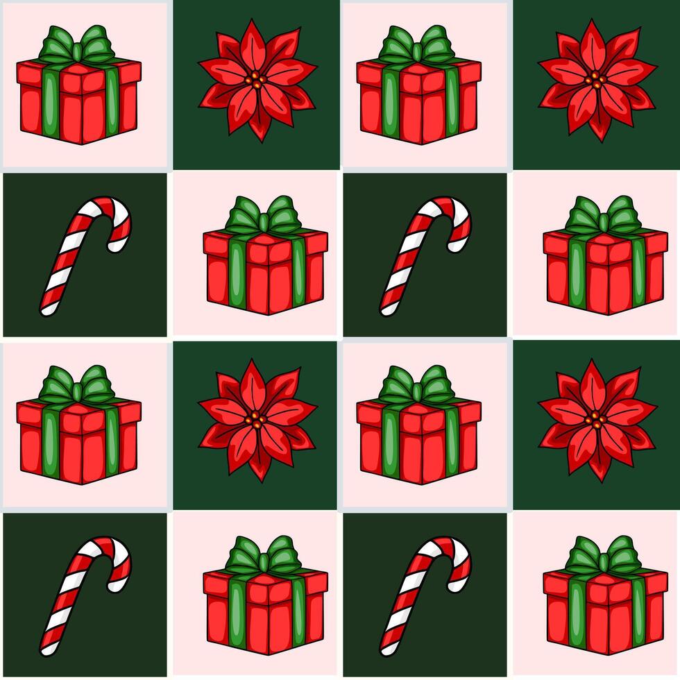 Seamless Christmas pattern with red gift boxes, poinsettia flowers, and candy canes on a pink and green checkered background. vector