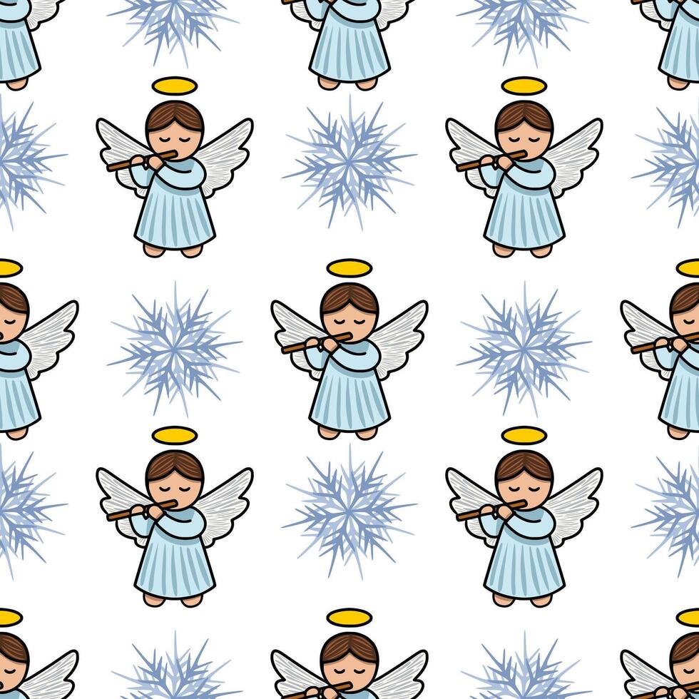 Seamless pattern featuring adorable cherubic angels playing flutes amidst stylized snowflakes, creating a charming Christmas design. vector
