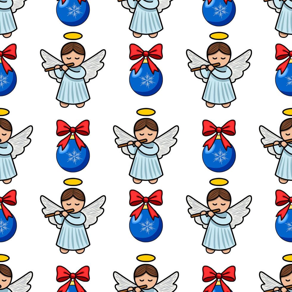 Seamless Christmas pattern featuring adorable angels playing flutes and blue baubles with red bows, creating a charming and festive winter design. vector