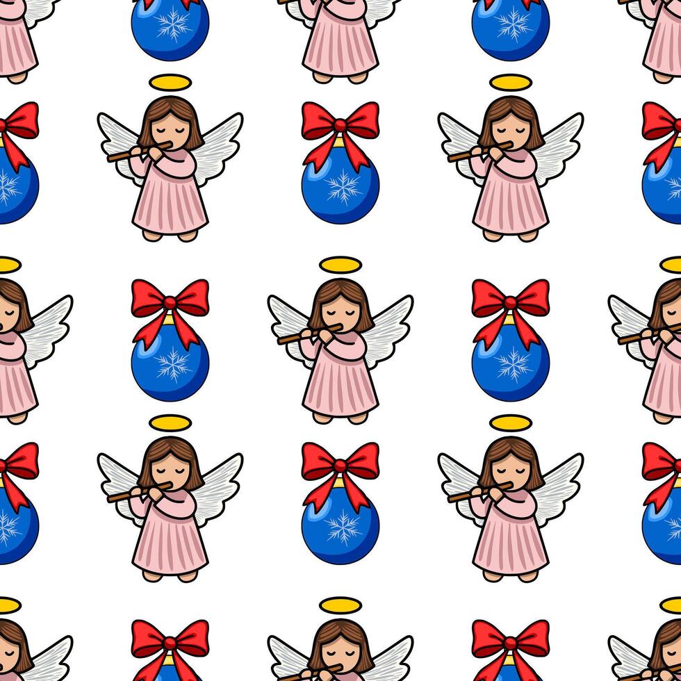 Seamless Christmas pattern featuring adorable angels playing flutes and blue baubles with red bows, creating a charming and festive design perfect for winter holidays. vector