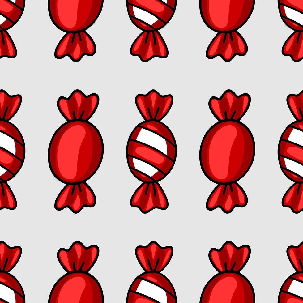 Seamless pattern of red candy in cartoon style, alternating between solid and striped designs on a light gray background, ideal for festive packaging or holidaythemed projects. vector