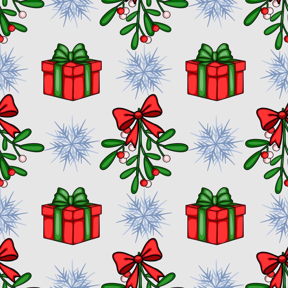 Seamless Christmas pattern featuring red gift boxes with green ribbons, mistletoe sprigs with red and white berries, and stylized snowflakes on a light gray background, creating a festive an... vector