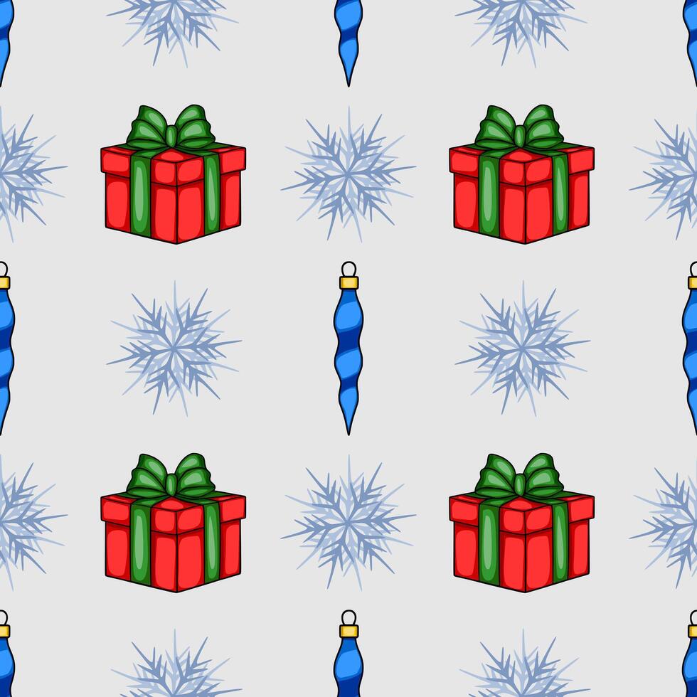 Seamless Christmas pattern featuring red gift boxes with green ribbons, blue icicle ornaments, and stylized snowflakes on a light gray background, perfect for festive designs. vector