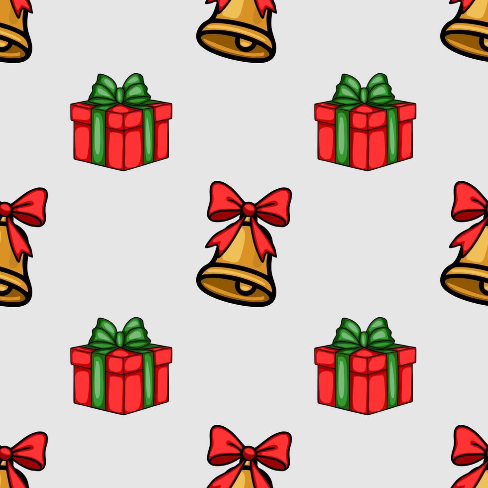 Seamless Christmas pattern featuring charming handdrawn illustrations of golden bells with red bows and red gift boxes with green ribbons, creating a festive and joyful holiday design. vector