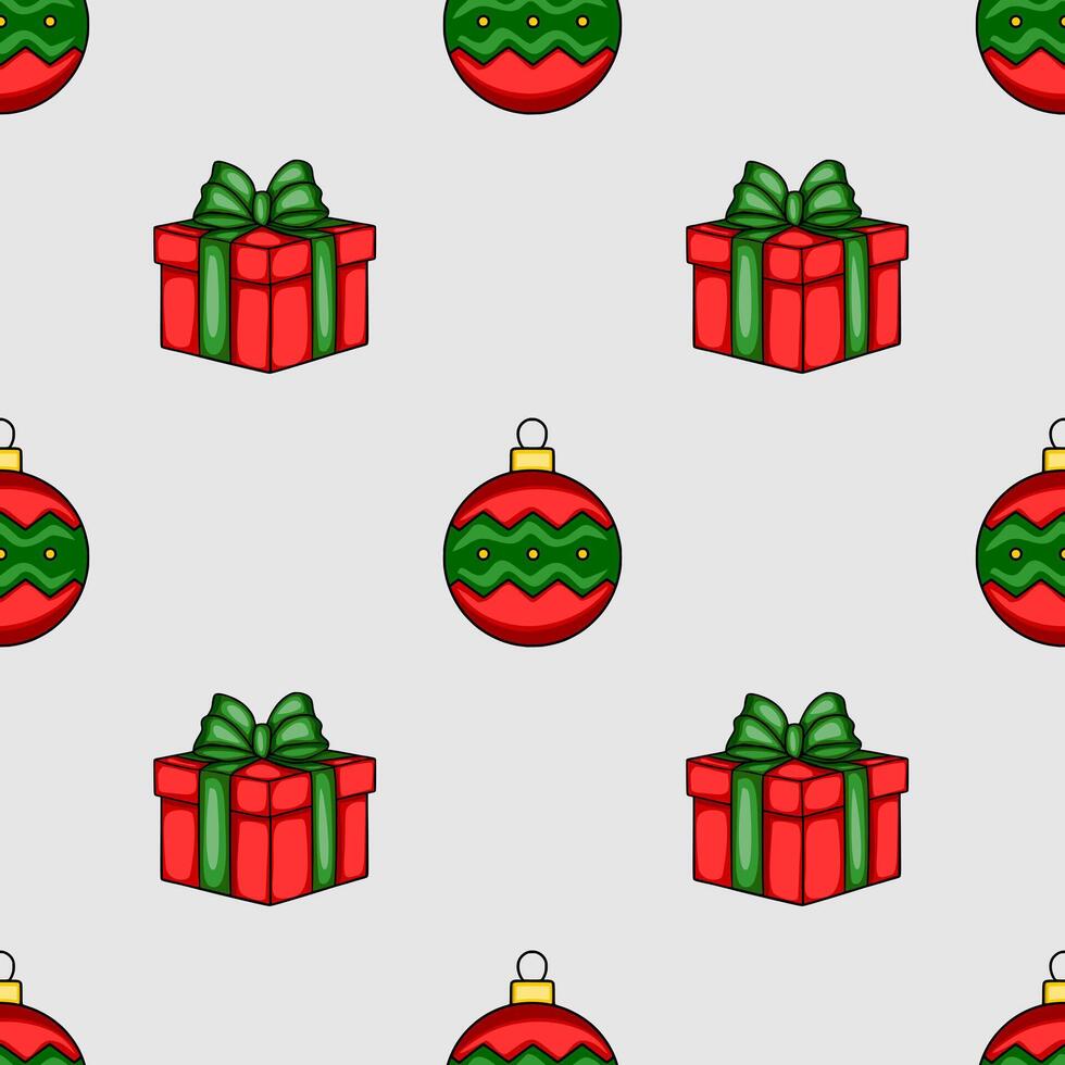 Seamless Christmas pattern featuring stylized red gift boxes with green bows and red and green Christmas baubles, creating a festive and playful holiday design. vector
