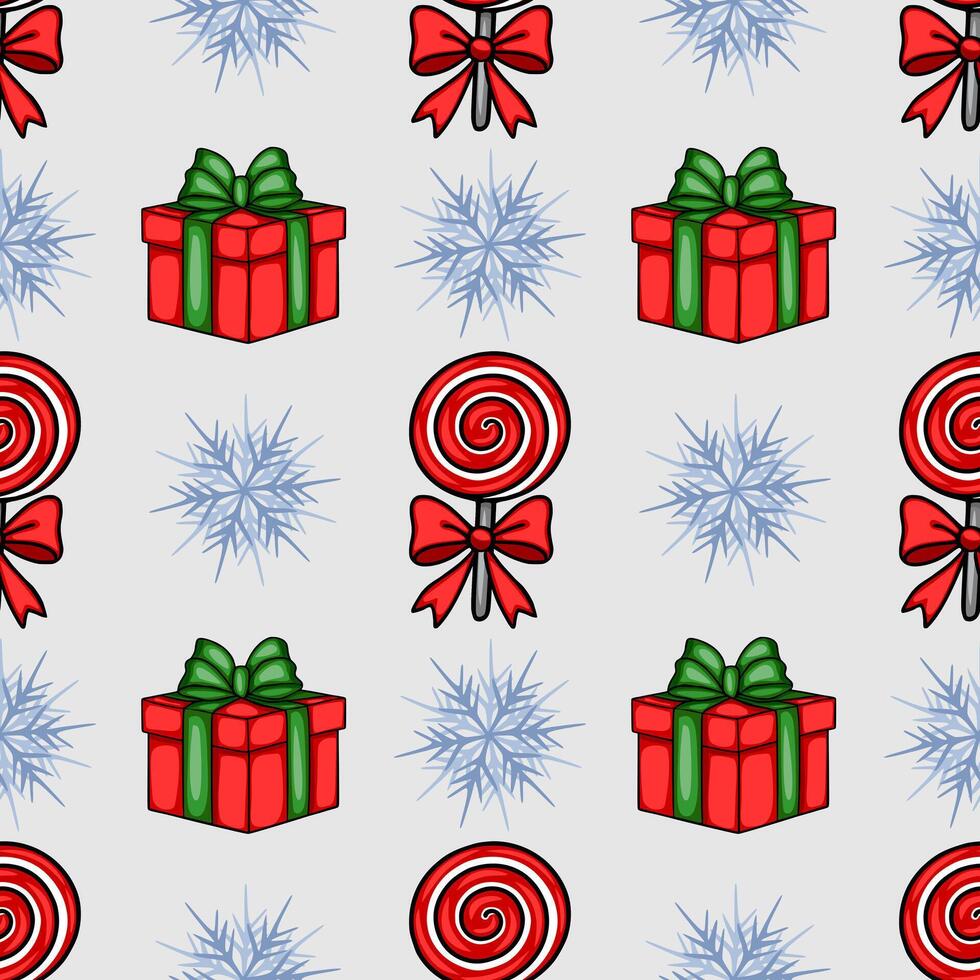 Seamless Christmas pattern featuring red gift boxes with green ribbons, red lollipops with bows, and stylized snowflakes on a light gray background. vector
