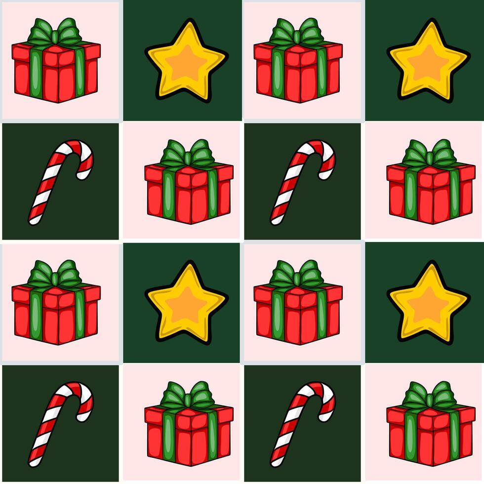 Seamless pattern with handdrawn Christmas gifts, candy canes, and stars in a cheerful checkerboard arrangement, perfect for festive holiday designs. vector