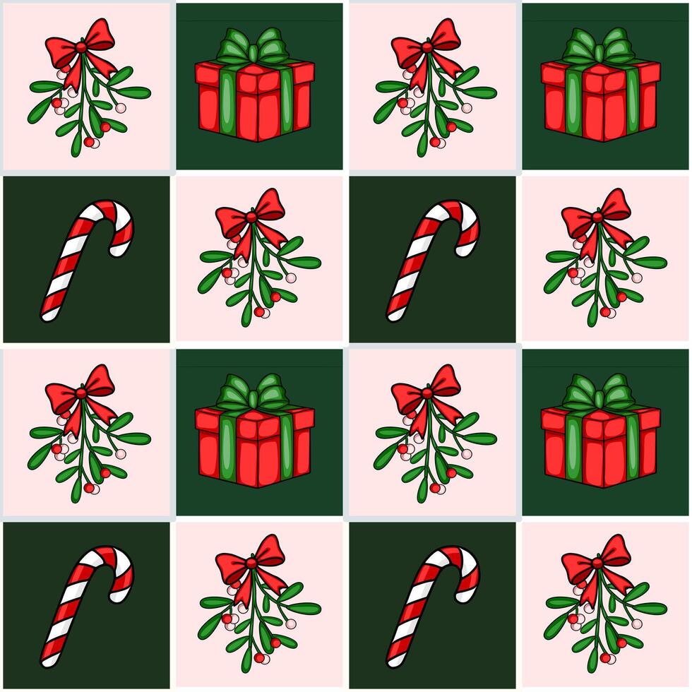 Seamless Christmas pattern with mistletoe, gift boxes, and candy canes in a repeating tile design, featuring a unique blend of red, green, and pink hues. vector