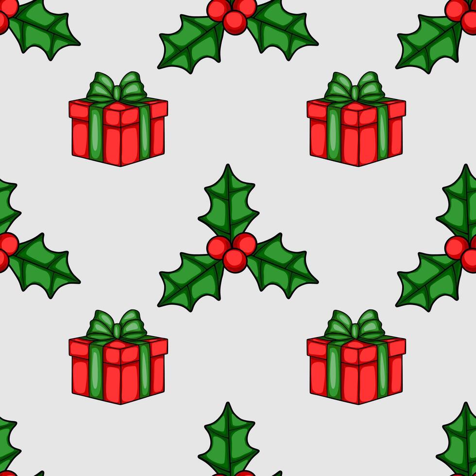 Seamless Christmas pattern featuring handdrawn style red gift boxes with green bows and holly berries on a light gray background, perfect for festive wrapping paper or holiday designs. vector