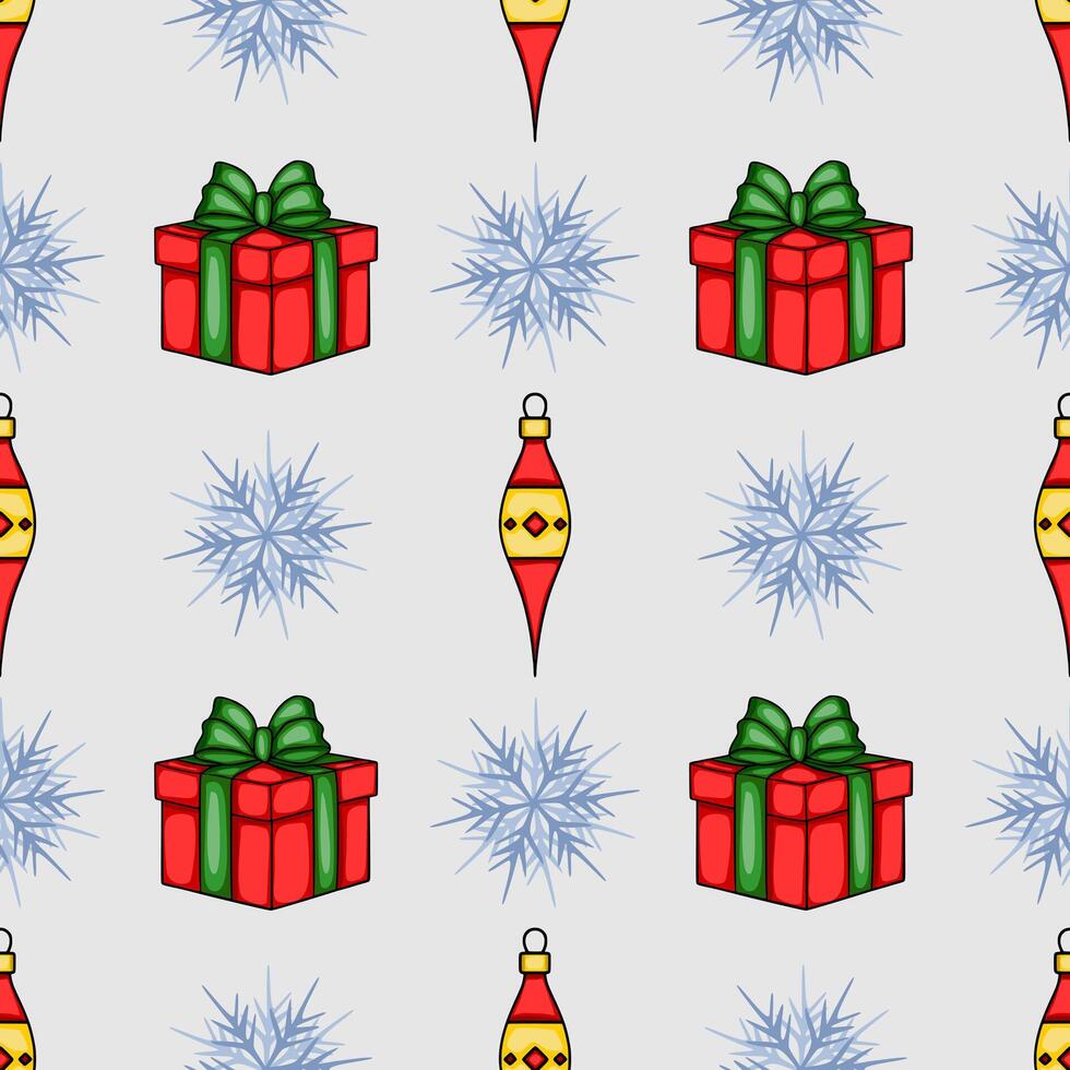 Seamless Christmas pattern featuring red gift boxes with green bows, stylized snowflakes, and festive ornaments in a light grey background. vector