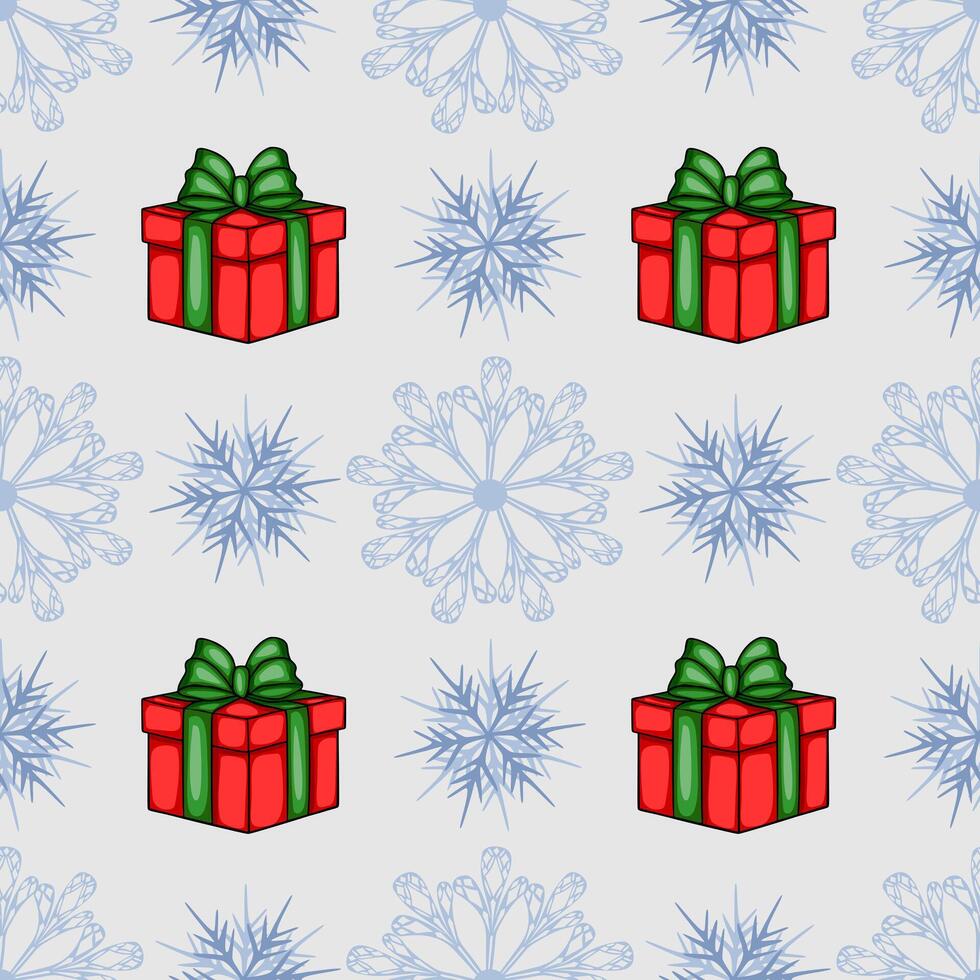 Seamless Christmas pattern featuring red gift boxes with green bows and stylized light blue snowflakes on a light gray background, ideal for festive designs. vector