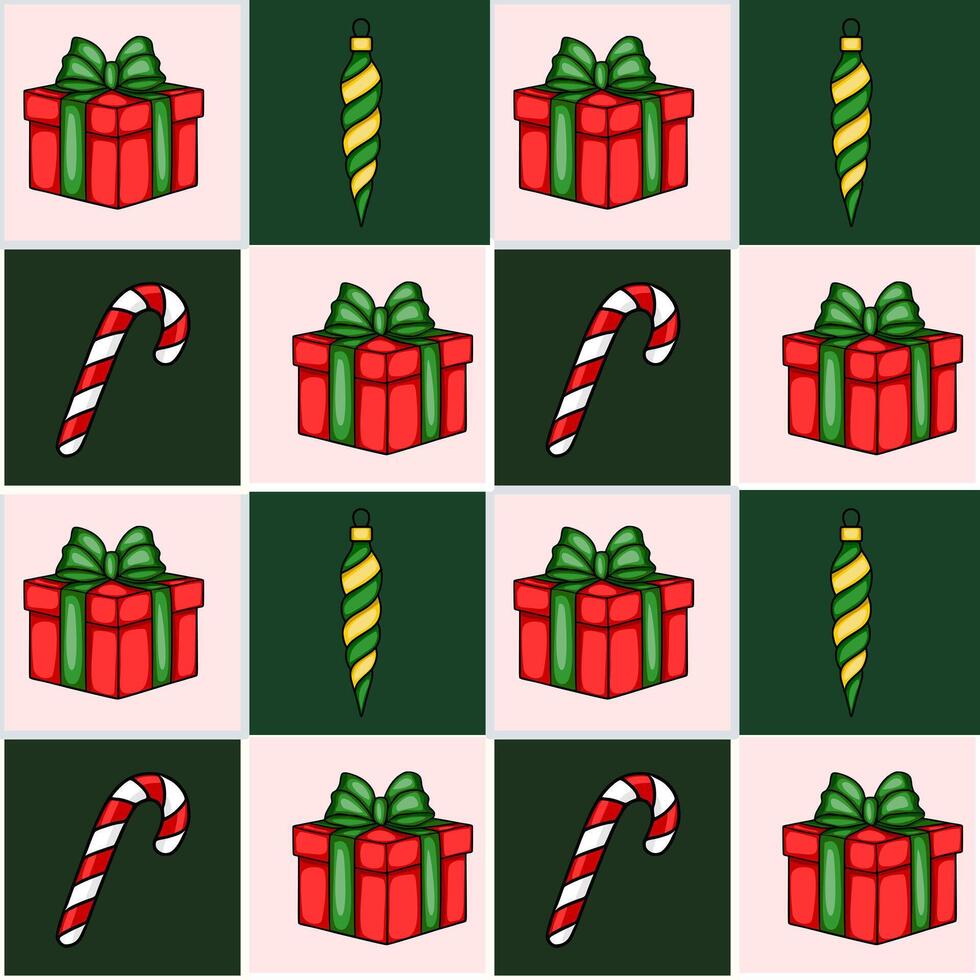Seamless Christmas pattern with red gift boxes, candy canes, and spiral ornaments in a checkerboard arrangement on pink and dark green background. vector