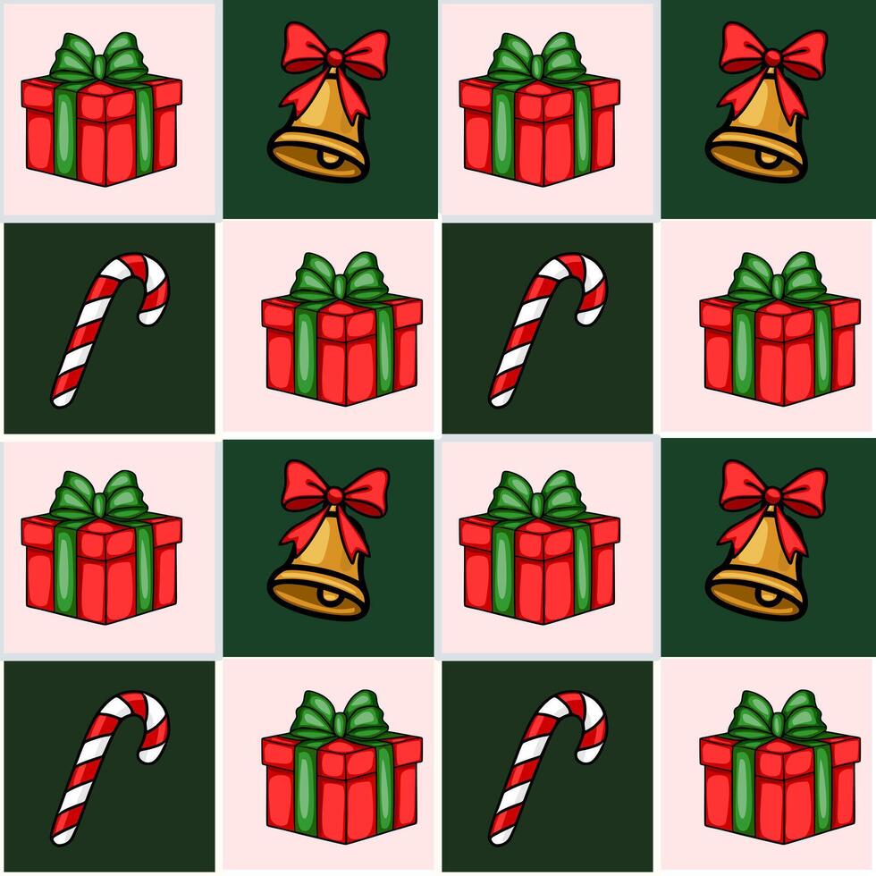 Seamless Christmas pattern featuring charming handdrawn illustrations of gift boxes with bows, jingle bells, and candy canes in a cheerful red, green, and gold color palette. vector