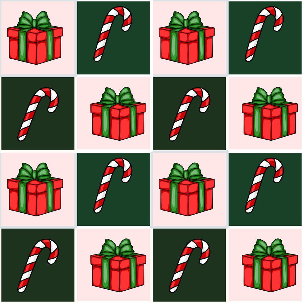 Seamless Christmas pattern featuring handdrawn red gift boxes with green ribbons and candy canes on a checkered background of pink and dark green squares. vector