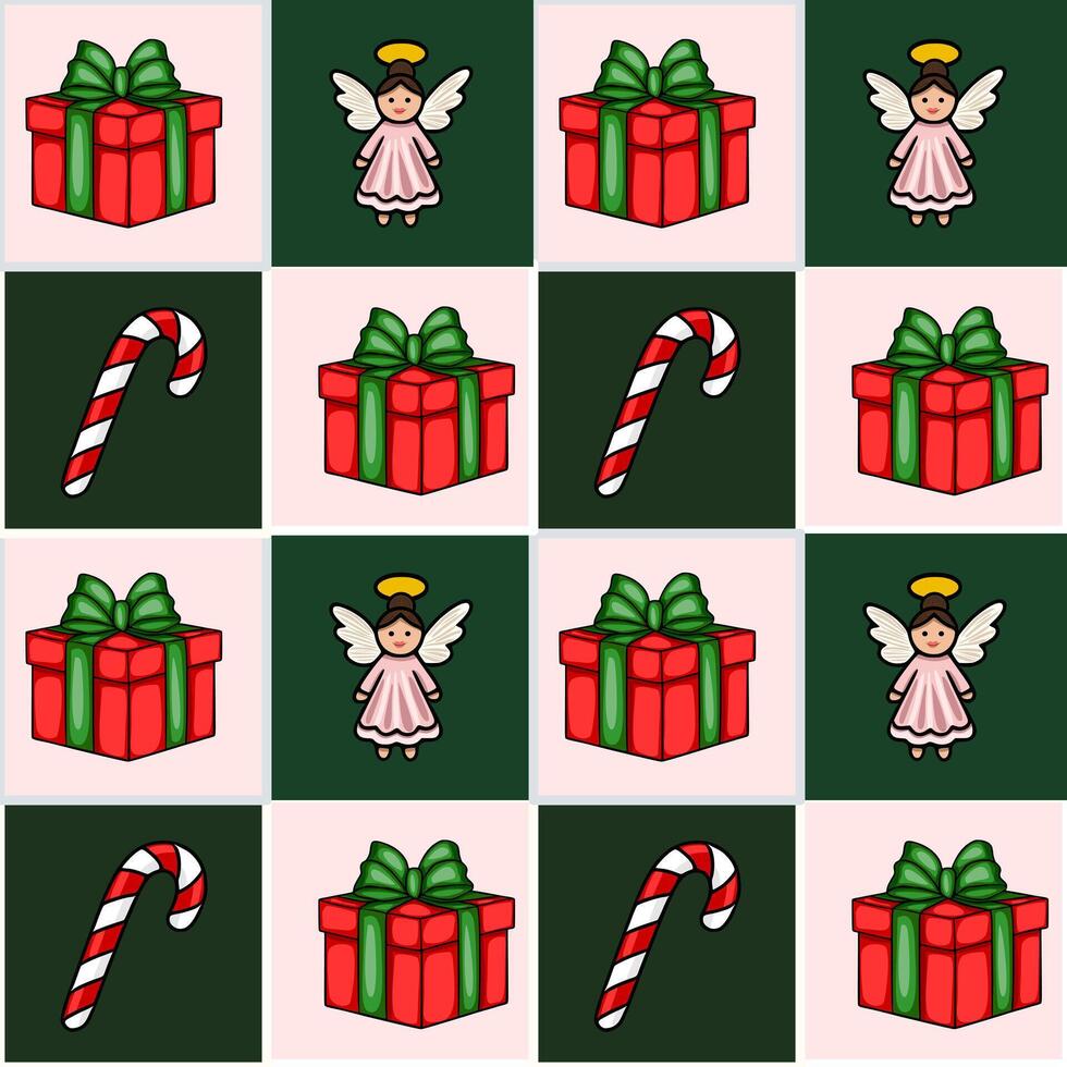 Seamless Christmas pattern featuring charming angels, gift boxes with green bows, and candy canes, creating a festive and cheerful design perfect for holiday projects. vector