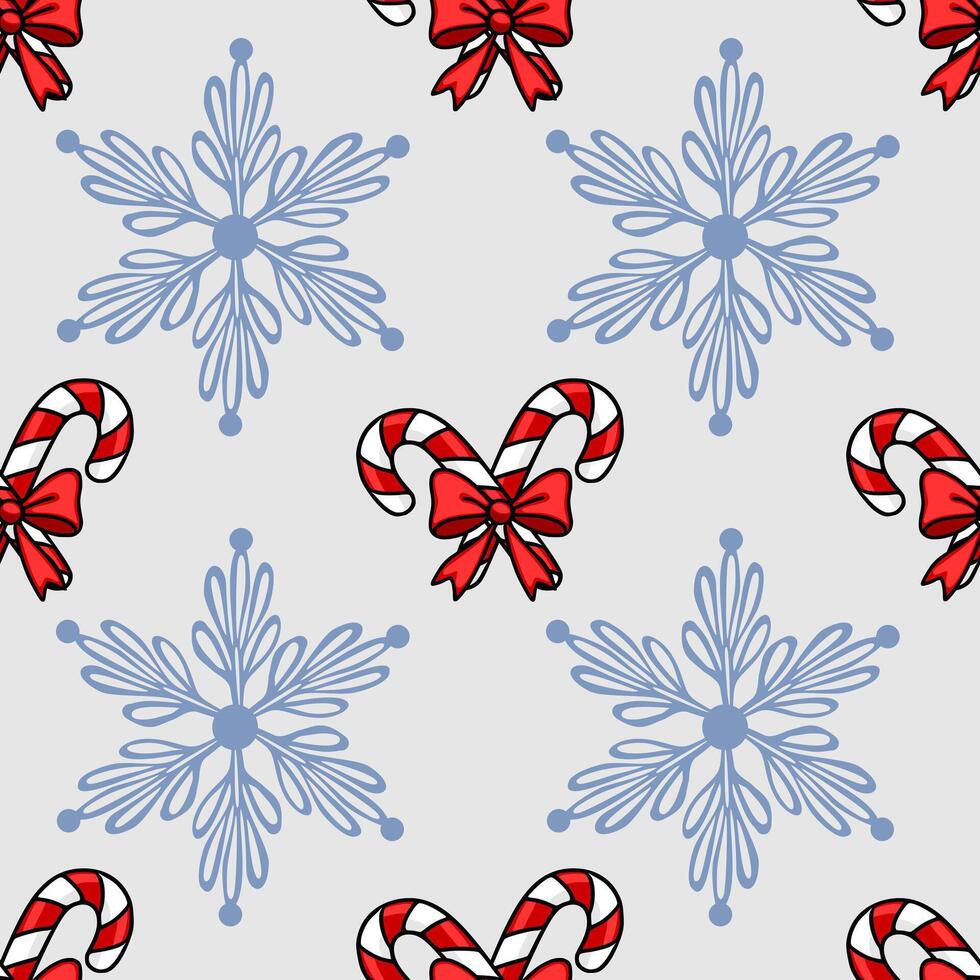 Seamless Christmas pattern with stylized snowflakes and candy canes tied with red bows, featuring a light gray background and a delicate, handdrawn style. vector