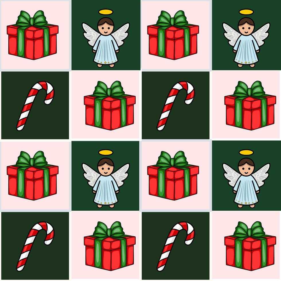 Seamless Christmas pattern featuring charming angels, gift boxes with green ribbons, and candy canes on a pink and green checkered background. vector