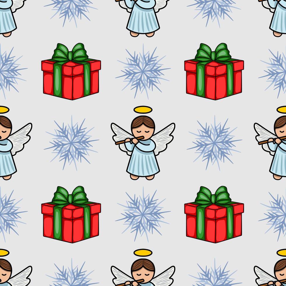 Seamless Christmas pattern featuring adorable angels playing flutes, festive red gifts with green bows, and delicate icy snowflakes on a light grey background. vector