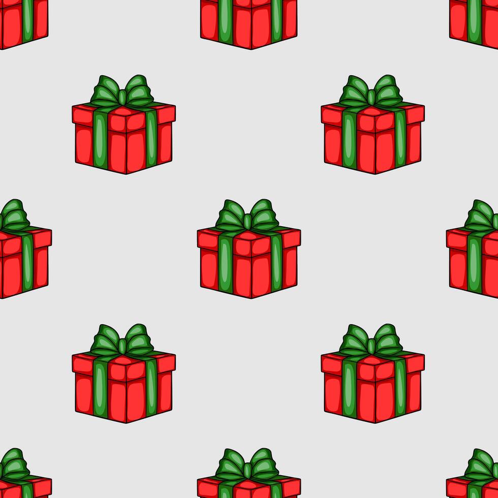 Seamless pattern of red gift boxes with green bows, perfect for festive Christmas or holiday designs, offering a playful and joyful aesthetic. vector