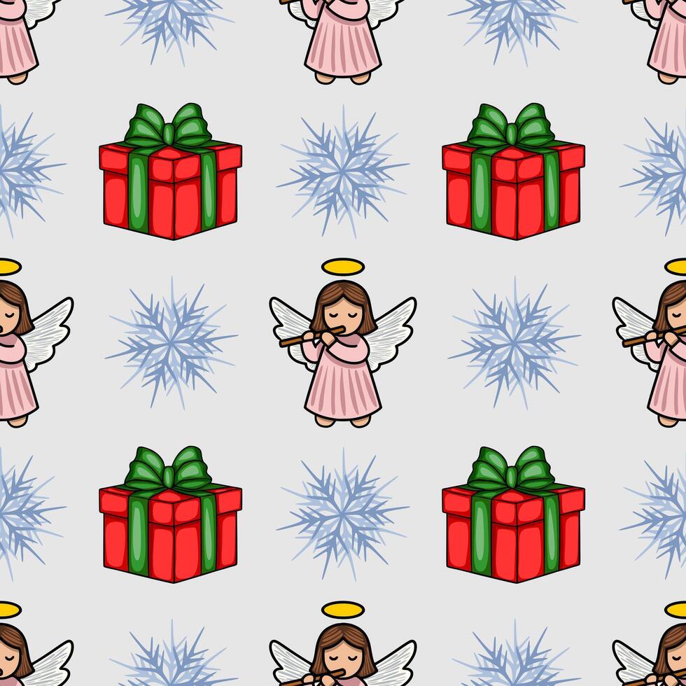 Seamless Christmas pattern featuring adorable angels playing flutes, festive gift boxes, and delicate snowflakes on a light grey background, creating a charming and whimsical winter holiday... vector