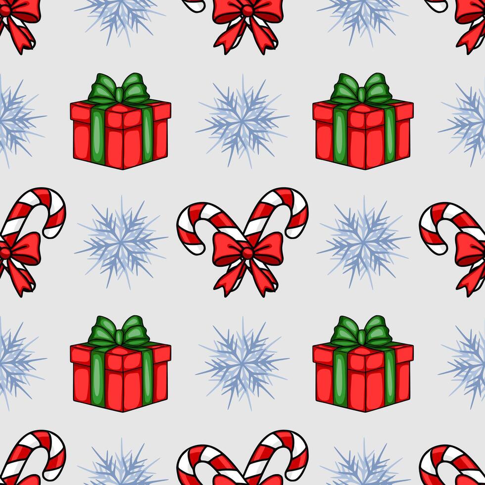 Seamless Christmas pattern featuring handdrawn red gift boxes with green bows, candy canes tied with red bows, and lightblue snowflakes on a lightgrey background. vector