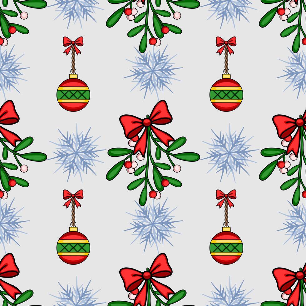 Seamless Christmas pattern with mistletoe, snowflakes, and decorative ornaments, featuring a unique blend of handdrawn style and vibrant red, green, and gold colors. vector