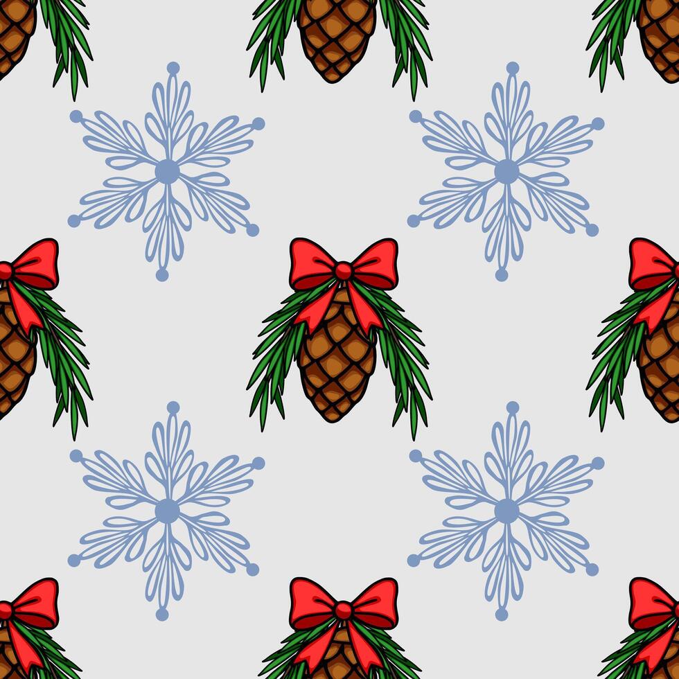 Seamless Christmas pattern featuring pine cones adorned with red bows and delicate stylized snowflakes on a light gray background, creating a festive and elegant winter design. vector