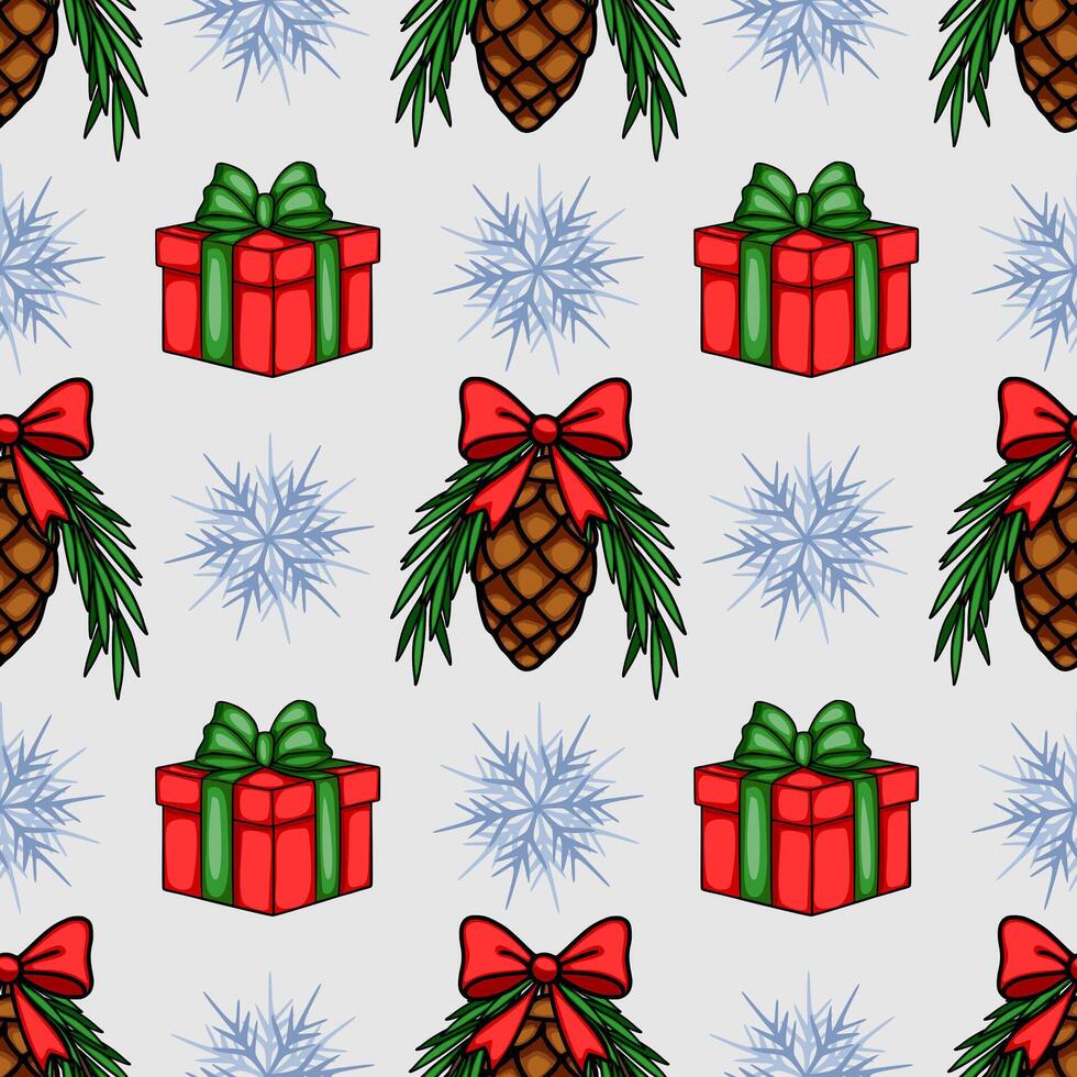 Seamless Christmas pattern featuring red gift boxes with green and red ribbons, pine cones adorned with bows, and stylized snowflakes on a light gray background, creating a festive and cheer... vector