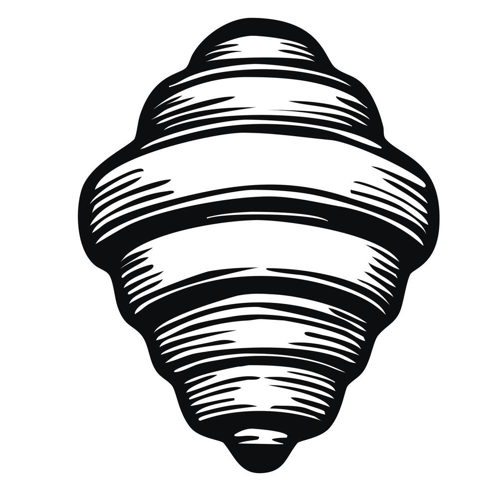 A detailed illustration of a seashell, showcasing its spiral shape and textured surface. The design is monochromatic, emphasizing the shells contours and lines. vector