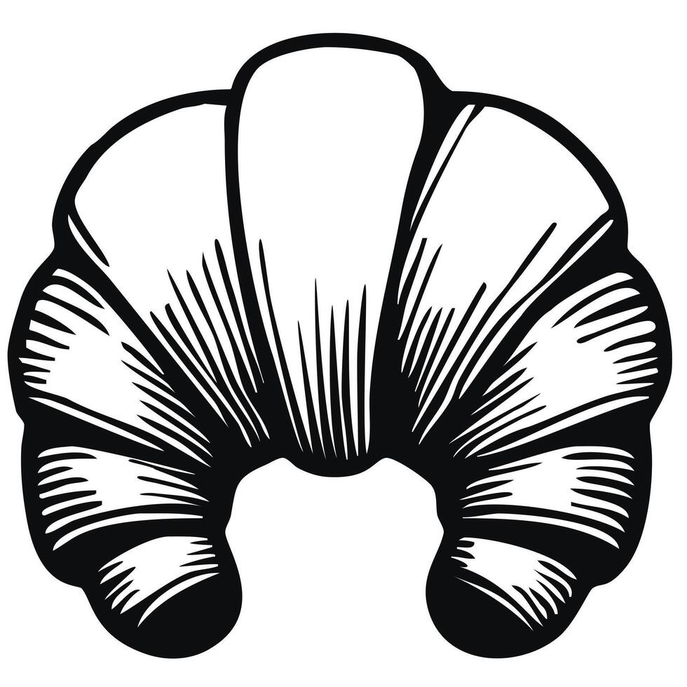 A stylized black and white illustration of a croissant, showcasing its flaky layers and curved shape. Ideal for bakery or foodrelated designs. vector