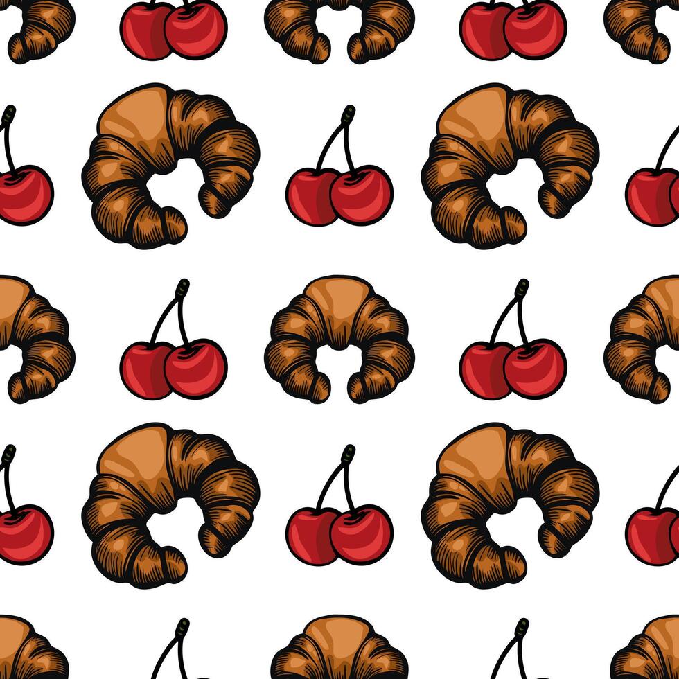 A seamless pattern featuring croissants and cherries on a white background. The croissants are golden brown and flaky, while the cherries are bright red with green stems. vector