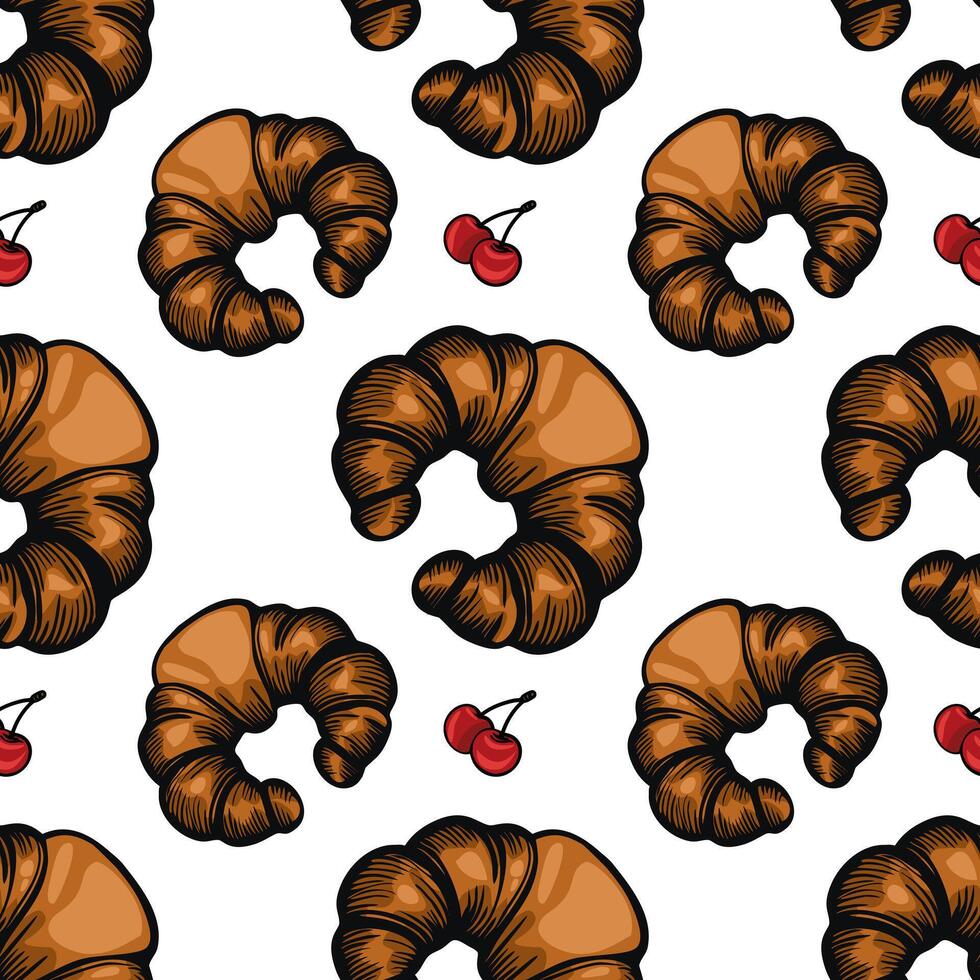 A seamless pattern featuring croissants and cherries on a white background. The croissants are golden brown with a flaky texture, while the cherries are bright red, adding a pop of color. vector