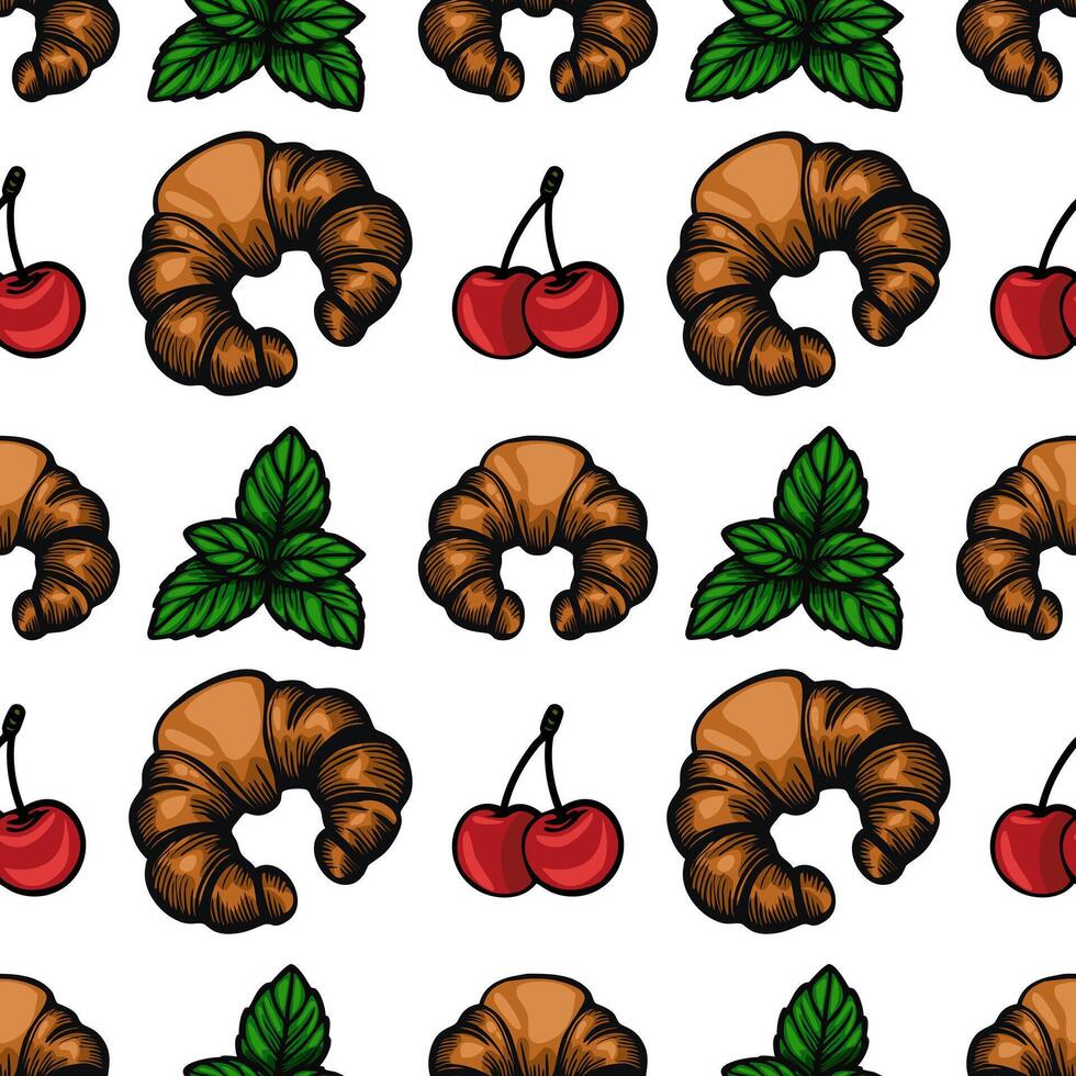 A seamless pattern featuring croissants, cherries, and mint leaves on a white background. The croissants are golden brown, the cherries are bright red, and the mint leaves are vibrant green. vector