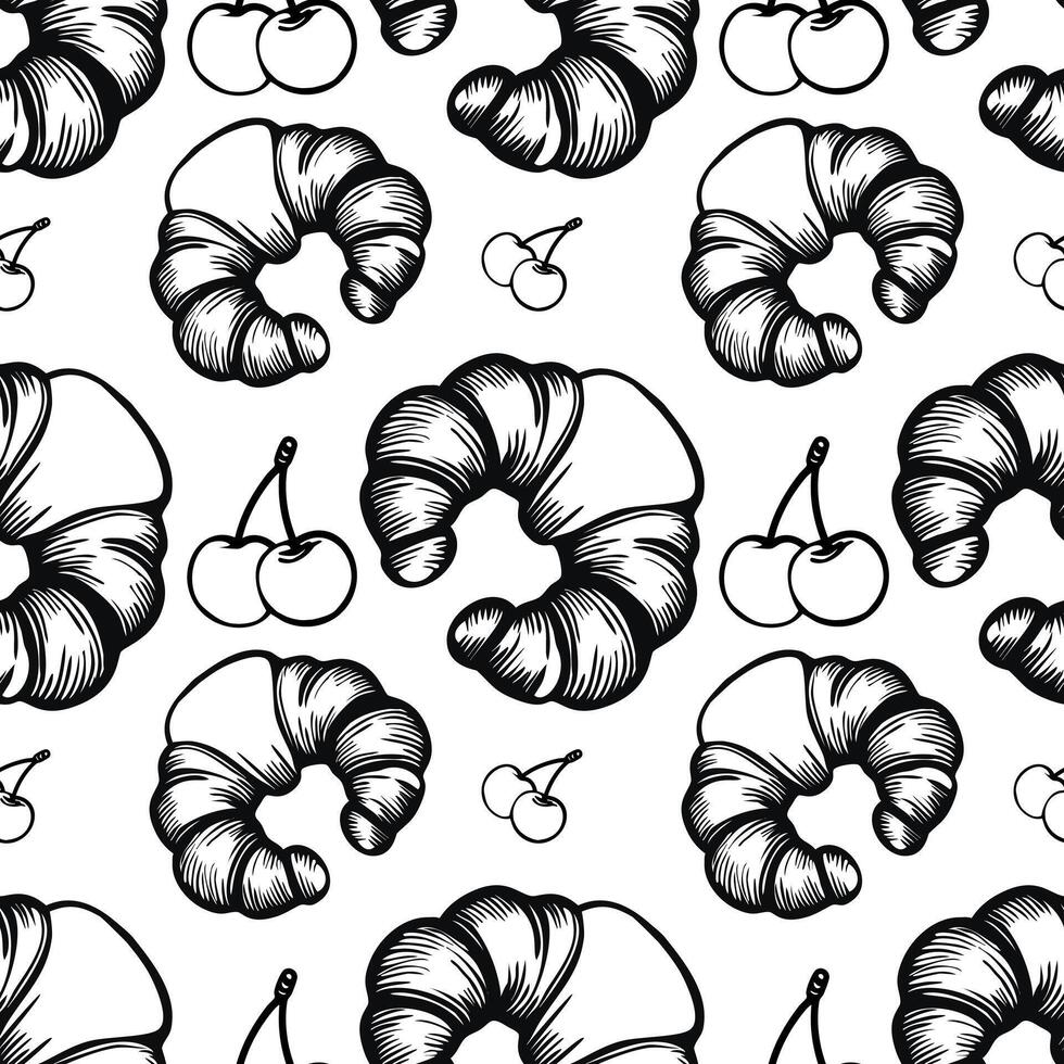 A seamless pattern featuring handdrawn croissants and cherries on a white background. The croissants are depicted in a detailed, sketchy style, while the cherries are simple yet elegant. vector