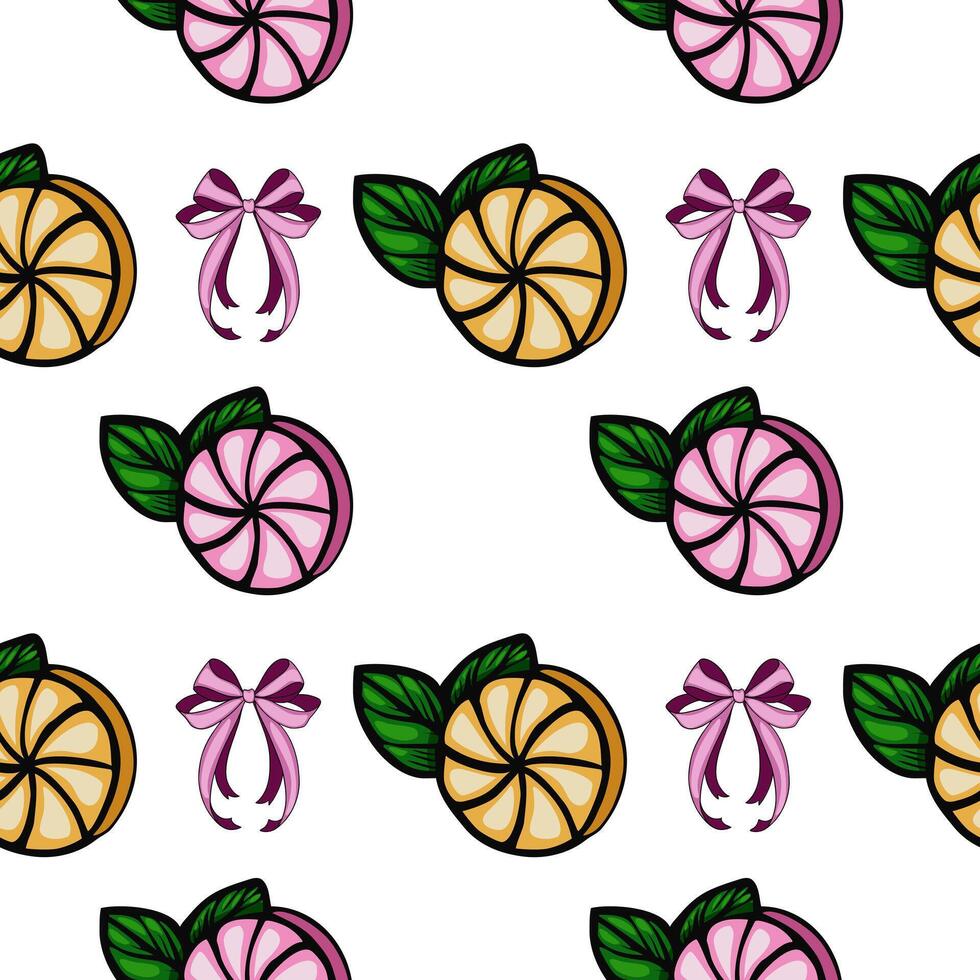 A seamless pattern featuring stylized fruit slices, including orange and pink citrus, along with green leaves and decorative bows in pink. The design is playful and vibrant vector