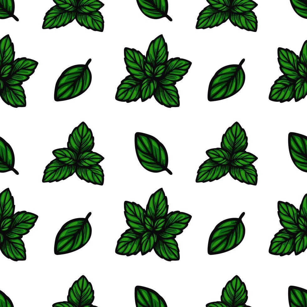 A seamless pattern featuring various green leaves on a white background. The leaves are illustrated in different shapes and sizes, creating a vibrant and natural design. vector