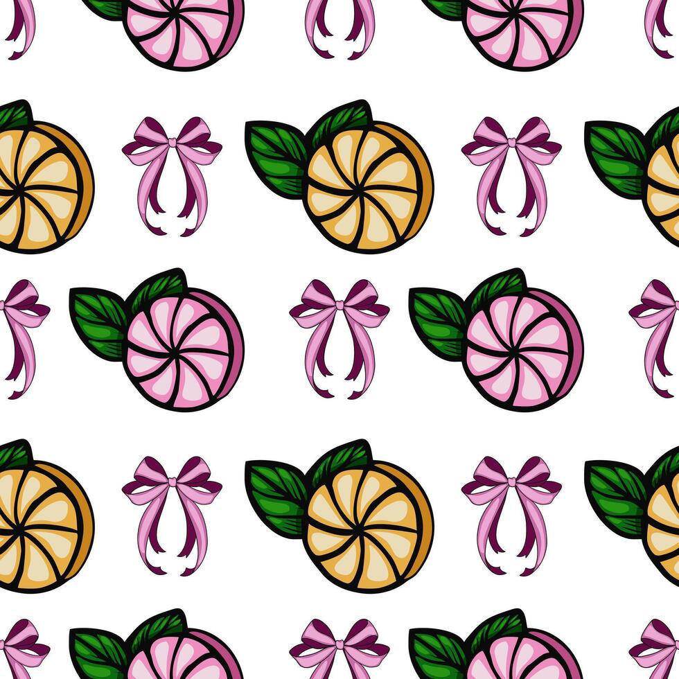 A seamless pattern featuring stylized fruit slices and decorative bows. The fruit includes orange and pink slices, complemented by green leaves. The background is white vector