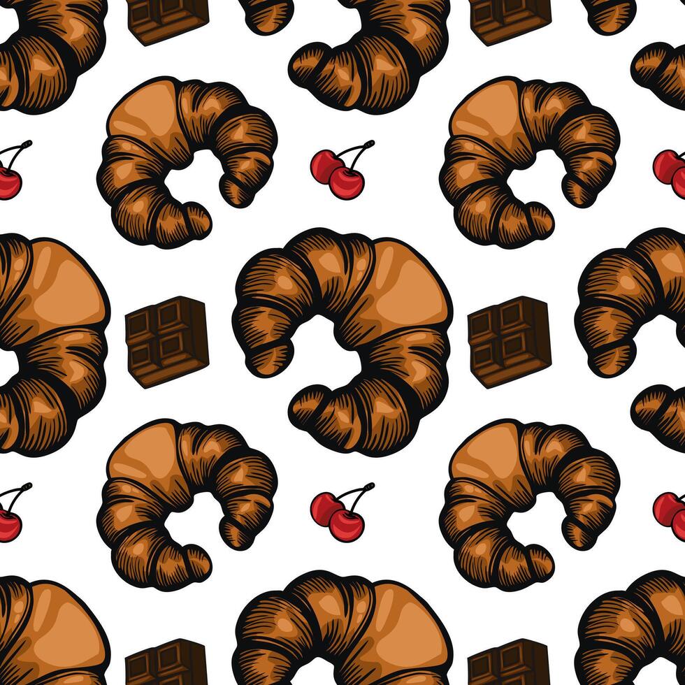 A seamless pattern featuring croissants, cherries, and chocolate squares on a white background. The croissants are golden brown, while the cherries are bright red and the chocolate. vector