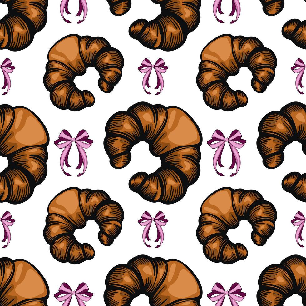 A seamless pattern featuring croissants and pink bows on a white background. The croissants are illustrated in a detailed, artistic style, showcasing their flaky texture. vector